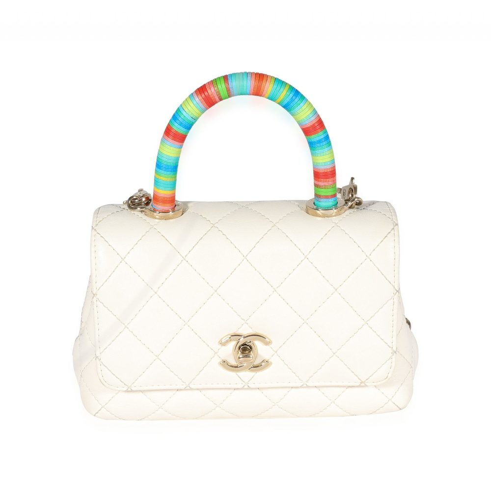 Chanel White Quilted Goatskin Extra Mini Rainbow Coco Top Handle Flap Bag
